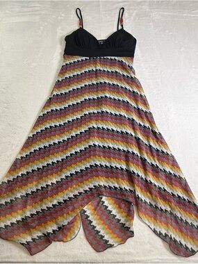 XOXO Black Bust Chevron Handkerchief Hem Maxi Dress with Red and Yellow Accents
